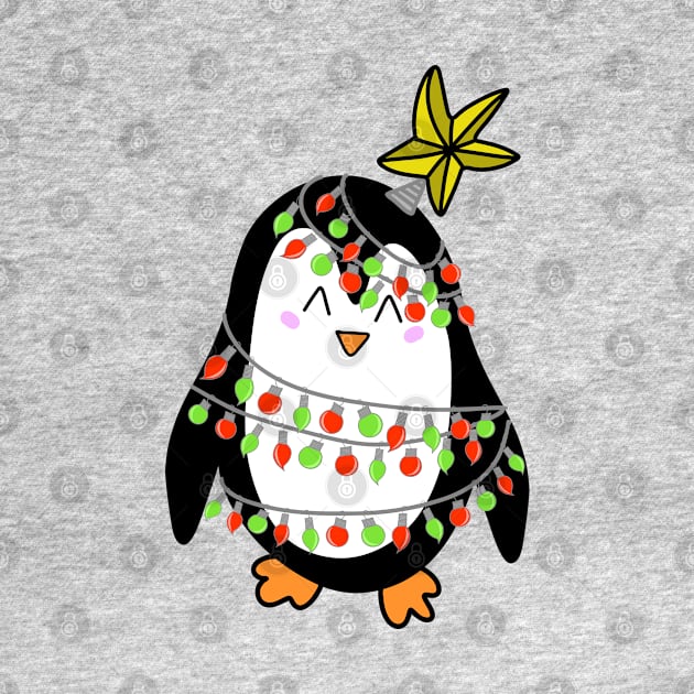 Cute Christmas Tree Lights Wrapped Penguin with a Star on his Head on a Maroon Backdrop, made by EndlessEmporium by EndlessEmporium